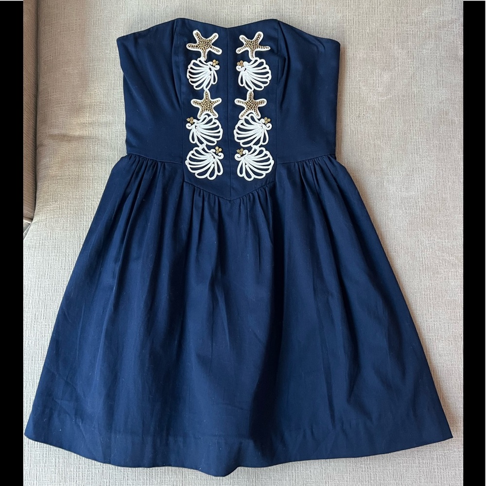 Lilly Pulitzer Navy Shell Embroidered Strapless Dress | Size: 0